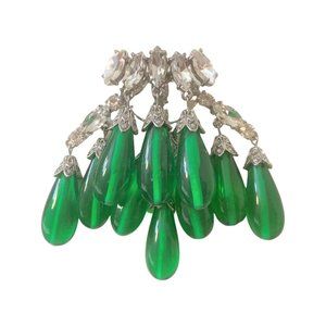 Exquisite Tear Drop Green Glass, Silver Tone Crystal Rhinestones Pin Brooch